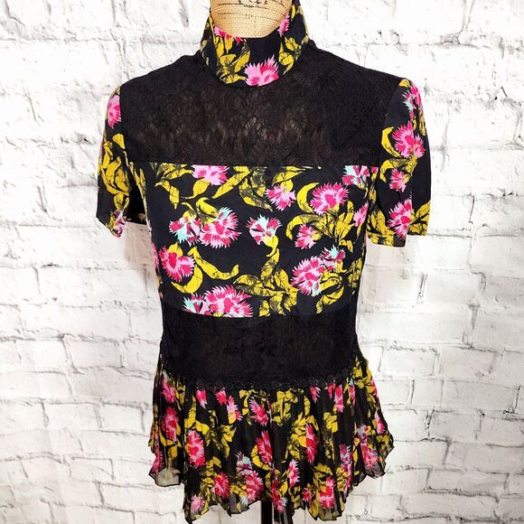 Saloni silk crepe de chine georgette top Sz 2 floral short sleeve pleated A10C - Picture 1 of 4